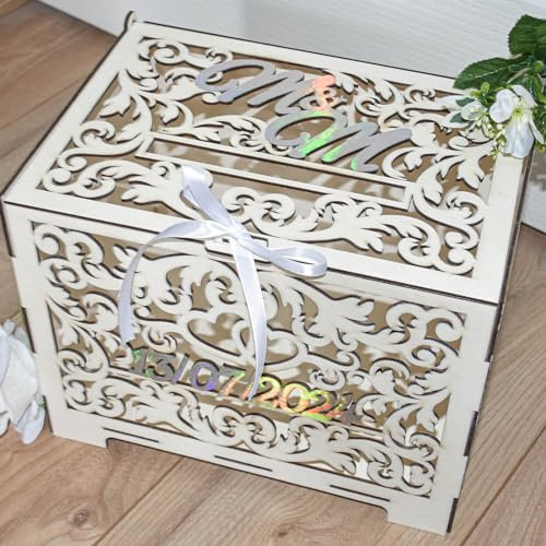 Urne de mariage personnalisé motif dentelle baroque en bois, initiales et date, mariage champêtre, fête, cérémonie, personnalisable