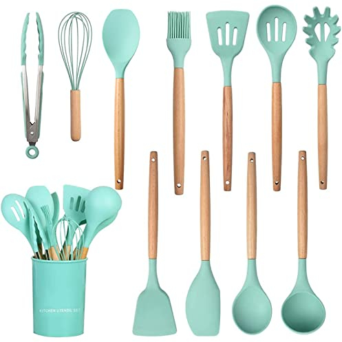 Kitchen Utensils Set, 12Pcs Silicone Cooking Utensils Set, Silicone Utensils Set, Cooking Tools Turner Tongs Nonstick Spatula Spoon for Nonstick Heat Resistant Cookware, Dark Green