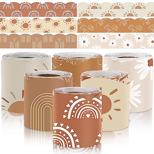 Whaline 60 m Moderne Boho Pinnwand Bordüren Regenbogen Sonne Blume gestanzte Pinnwand Streifen Boho gerollte Pinnwand Trim für Schule Klassenzimmer Büro Kreidetafel Dekoration, 6 Rollen