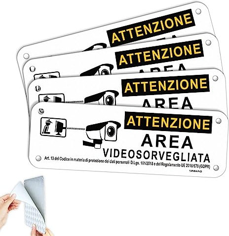 SINMAO 4Pezzi Cartello Area Videosorvegliata Piccolo 15x5cm Alluminio Adesivo-Cartello di Avvertimento per Esterni Resistente Alle Intemperie