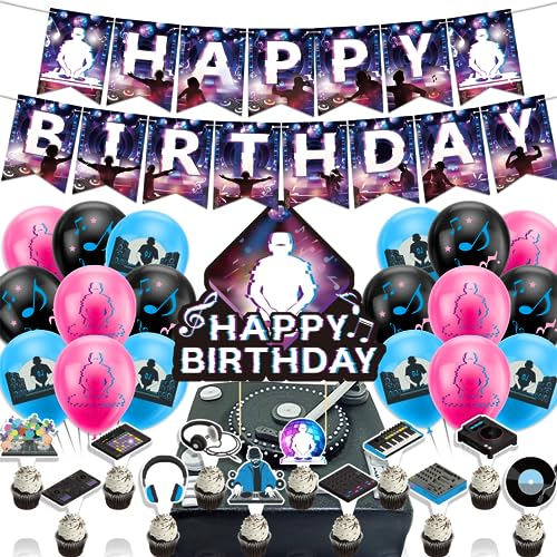 DJ Geburtstag Party Dekorationen - Musik Zubehör mit Banner, Kuchen Topper, Cupcake Toppers, Ballons für Rock Party Dekorationen