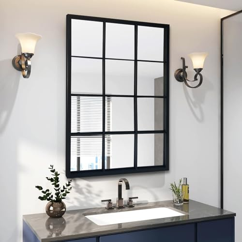 OUSHUAI Specchio rettangolare nero, specchio a griglia per finestra, minimalismo specchio da parete per ingresso, corridoio, soggiorno, camino 61 x 91 cm