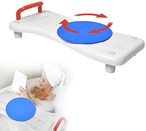 LARS360 Tabla de bañera con plato giratorio, asiento ajustable para personas mayores con mango rojo y jabonera, carga máxima 150 kg, para anchos de bañera de 41 a 63 cm