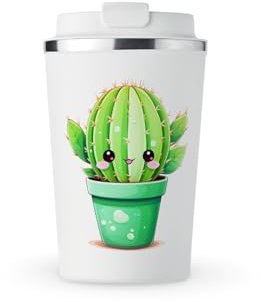 MAXIKIWI - Insulated Double Walled, Leakproof Stainless Steel Mug, Coffee or Tea Travel Tumbler with Lid, Keep Drinks Hot and Cold - Kawaii Cute Cactus Stickers - 350ml