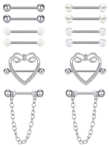 LAURITAMI Brustwarzenpiercing Nippelpiercing Edelstahl Nippel Ringe Herz Barbell Piercing Brustwarze Silber Schwarz