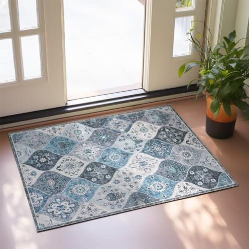 Xfrog Moroccan Floral Area Rug, 60x110cm Entryway Rug Non-Slip Washable Small Rug, Ultra Soft Antique Print Vintage Distressed Low-Pile Indoor Door Mat Floor Blue Carpet for Entrance Kitchen Bathroom