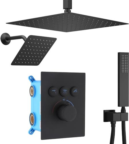 Delnet Dual Shower Heads Shower System with 12 Ceiling Mounted Rain Shower Head & 6 Wall Mounted Head Full Body Shower Set 3 Way Thermostatic Shower Valve Can All Use Together, Matte Black