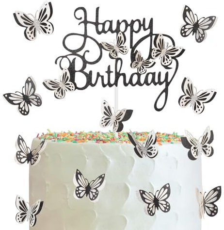 Sliver Black Happy Birthday Cake Toppers, Sliver Black Butterfly Cake Toppers for Cake, Glitter Butterfly Cake Decorations, Butterfly Theme Cake Cupcake Toppers for Girls Women Birthday Decorations