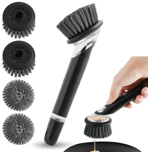 VINEST Spülbürste mit Spülmittelspender, Multifunktionale Reinigungsbürste zum Drücken, Grau Abwaschbürste mit 2 Bürsten Ersatzkopf und 2 Stahlwolle Ersatzkopf, Geschirrbürste für Topf Pfanne Spülen