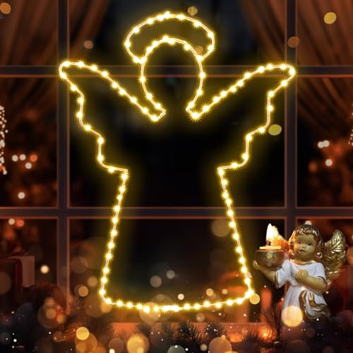 ELKTRY Fensterbeleuchtung Weihnachten,100LED Große Metall Weihnachtsengel Fenster Beleuchtet mit Timer, Innen Batterie Warmweiß 8 Modi Wasserdicht Fensterdeko Weihnachten Beleuchtet