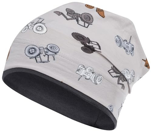 Smarilla Jungen Mütze Übergangsmütze Beanie Fahrzeuge Frühling Herbst Baumwolle, Größe: 46-48, Farbe: Traktor-Graubeige