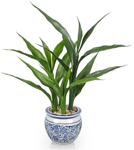 Artificial Potted Plants Indoor Home Decor 16.5 Tall Fake Lucky Bamboo Plant in Blue and White Ceramic Pot Faux Potted Plants Indoor Houseplant for Home Tabletop, Office Desk, Shelf, Zen Room