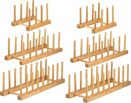 Lawei Set of 6 Bamboo Dish Rack - 3/6/8 Slots Wooden Plate Rack Stand Pot Lid Holder Dish Drying Rack for Dish, Bowl, Cup, Cutting Board