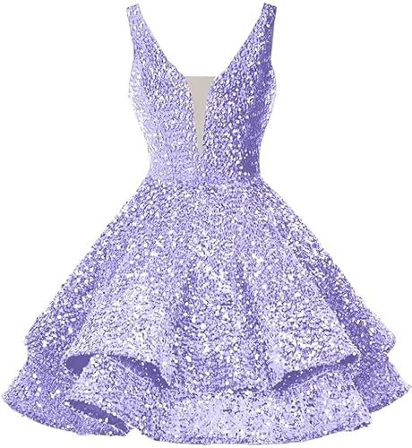 YIANN Lilac Short Prom Dresses for Women Knee Length Homecoming Cocktail Dress Sparkly Sequins Birthday Gown UK10