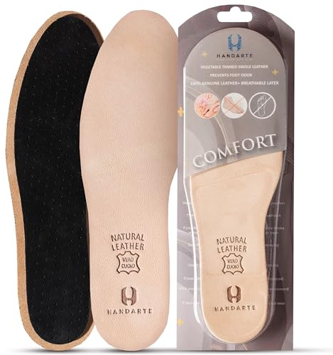 HANDARTE Leather Thin Insoles for Men/Women | Dress Shoe Inserts | Anti Sweat & Odor Eater Soles - 100% Natural Goatskin & ChromeFree (Size UK 6.5 | EU40)