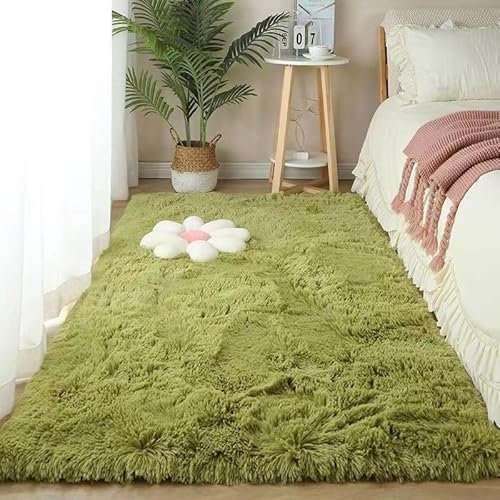 Homesally Flauschiger Teppich für Schlafzimmer, Shaggy Hochflor, Weich, Anti-Rutsch Unterseite, Waschbar Moderne Deko für Wohnzimmer, Grün, 80×160cm