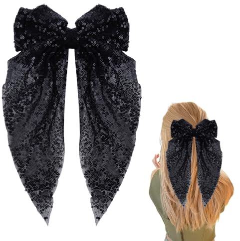 Nœud papillon noir à paillettes Grands nœuds à cheveux à paillettes pour filles et femmes Barrettes à cheveux pour cheveux fins et épais Pince à cheveux nœud papillon pour coiffure Accessoires de