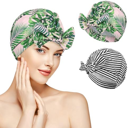 Bomiclss 2 Pieces Shower Caps for Women,Waterproof Reusable Shower Hair Caps Adjustable Bow Bath Caps with Elastic Band,for Long Short and Curly Hair for Women and Girls (Palm Leaf and Stripe)