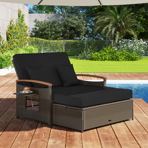 GIANTEX Rattan Lounge Möbel Outdoor, Gartenlounge 2 Sitzer mit Liegefunktion, Balkon Lounge Set Gartensofa mit Hocker, Doppelliege 2 Personen, Garten Lounge Platzsparend mit Stauraum