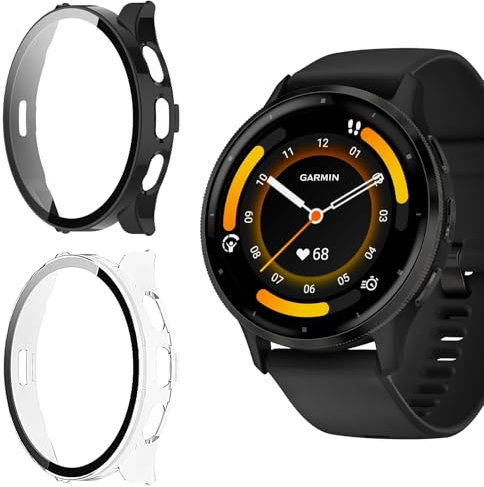 Vanrain Hülle für Garmin Venu 3, 2 Stück 360° Rundum PC Case mit Schutzfolie Glas Bumper Vollständige Abdeckung Schutzhülle, Schutz Hülle Gehäuse Schwarz+Transparent