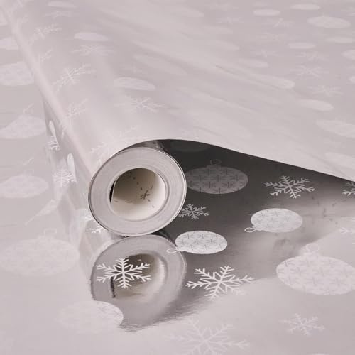 Rotolo di carta da regalo natalizia, 43 cm x 12 m, carta da regalo metallizzata con fiocchi di neve e albero di Natale, decorazioni natalizie per Natale, feste, decorazioni natalizie (argento)