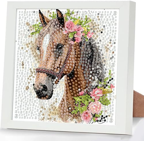 GHHKUD Pferd 5D Diamond Painting Kinder mit Rahmen, Diamond Painting Bilder Erwachsene, Diamant Malerei Set Geschenk für Kinder und Mädchen ab 6 8 10 Jahren, Diamant Art Home Decor(18x18cm)