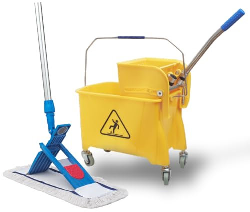 VIOVIE Premium Wischer Komplett Set 40CM und Reinigungswagen mit Auswringfunktion | Baumwoll Mopp | 90-160 Teleskopstiel mit Kugelgriff | Magnethalter mit 1 klick System für einfaches Wechseln (40cm)