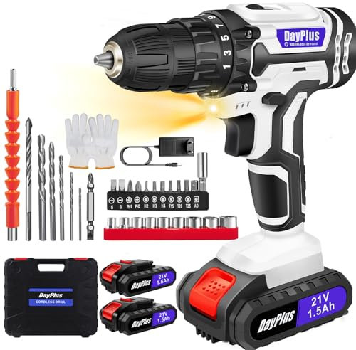 21V Cordless Drill Driver, 29PCS Drill Bits, 2 X 1500mAh Batteries, 25+1 Torque Setting, 45N.m Max, 2 Variable Speed, LED Light for Home DIY Project (White)