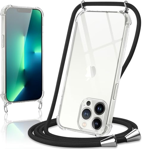 Coiwxmoi Coque avec Cordon pour iPhone 13 Pro, Collier Réglable Téléphone Étui Portable Lanyard Case Transparent Ultra Souple Silicone Housse Antichoc Protection Cover pour iPhone 13 Pro 6,1, Noir