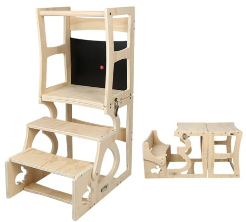 OHMG Montessori 3 in 1 Torre di apprendimento per bambini, con tavola, sgabello in legno pieghevole, pedana per bambini a 3 gradini, tour di osservazione sicura, scala Montessori da 1 anno