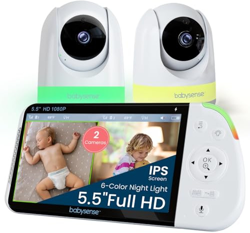 Babysense PRO Full HD 5.5 Split Screen Baby Monitor with 2 Cameras, 6-Color Night Light, White Noise, Sound & Light Machine, 20-Hour Battery, Hack-Proof Non-WiFi Secure Connection
