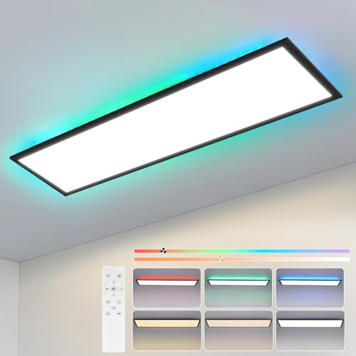 Woiledlt Deckenlampe LED Panel 120x30cm - Deckenleuchte Dimmbar 36W Farbwechsel Flach Bürolampe Stufenloses Dimmen 10%-100% Deckenpanel Küchenlampe mit Fernbedienung RGB Vier Modi für Wohnzimmer Büro