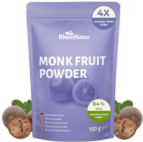 RheinNatur Monk Fruit Powder 150 g – Natural Sweetness Without Sugar – 84% Fewer Calories Than Sugar – Plant-Based Sugar Substitute Made from Tapioca Fibre – Vegan & Low in Calories