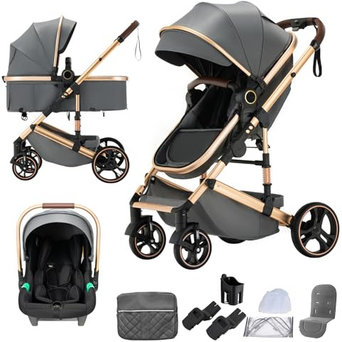 Shineey Kinderwagen 3 in 1, Alltags Buggy Faltbarer Kinderwagen Set, Kombikinderwagen 3 in 1 mit Großer Bequemer Babywanne, Laufwagen Rahmen Aluminiumlegierun (H9 DARK GREY, H9)
