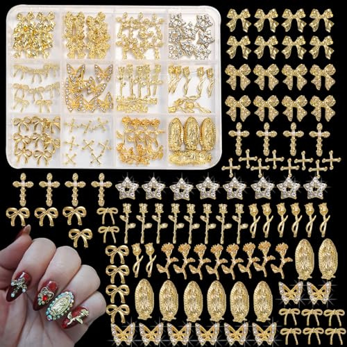 96pcs Nail Charms and Nail Gems, Gold Nail Charms Metal Alloy Rose Butterfly Star Cross Virgin Mary, Gothic Y2K Nail Art Rhinestones for Women Girls, Manicure DIY Jewelry Making