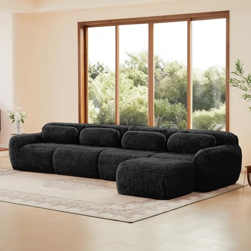 dowowdo Modulares 4-Sitzer Schlafsofa Ecksofa Schwarz – XL Sofa mit Schlaffunktion, Premium Plüschstoff Haustierfreundlich, Rutschfester Boden, ideal für Heimkino, Familien & Wohnzimmer