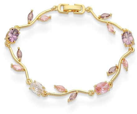 IMINI Crystal Flower Leaf Tennis Bracelet for Women, Gold-Tone/Silver Plated - Colorful Oval & Marquise CZ Floral Vine Bangle, Stackable Wedding Bridal Prom Jewellery for Her, 19cm