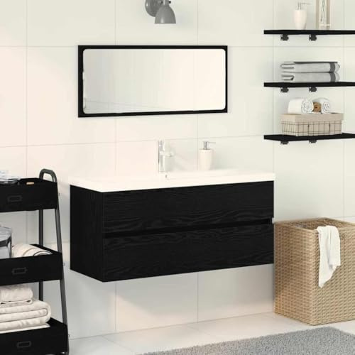 LoogCape Wandmontierter Waschbeckenunterschrank Schwarz Eichen-Optik, 100 x 39 x 62 cm, Holzwerkstoff Badmöbel mit Stauraum für Waschplatz, Spülenschrank Organizer