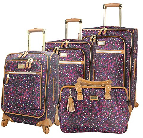 Steve Madden Designer-Gepäckkollektion – 4-teiliges Softside-Koffer-Set, erweiterbar, leicht, Reise-Set mit Tragetasche, 50,8 cm Handgepäck, 61 cm und 71,1 cm Karierter Koffer, dunkelviolett,