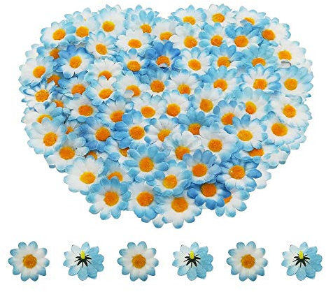 BornFeel Künstliche Gerbera Blumen Köpfe 100tlg. Daisy Sonnenblumen Blumenköpfe für DIY Hochzeit Party Handwerk Tischstreudeko (Weiß Blau)