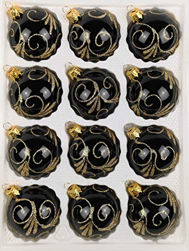 12 TLG. Glas-Weihnachtskugeln Set in Hochglanz Schwarz Goldene Ornamente - Edle Neuheit - Christbaumkugeln - Weihnachtsschmuck-Christbaumschmuck