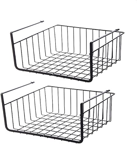 2Pcs Under Shelf Storage Basket, Under Cabinet Storage Wire Basket Organizer Fit Dual Hooks for Kitchen Pantry Desk Bookshelf Cupboard (Black)