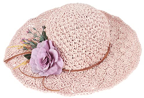 Milya Stroh Faltbarer Sonnenhut mit Breiter Krempe Blumen Strohhut Sommerhut Damenhut Sommer Hut - Ideal für Urlaub am Strand (Pink)