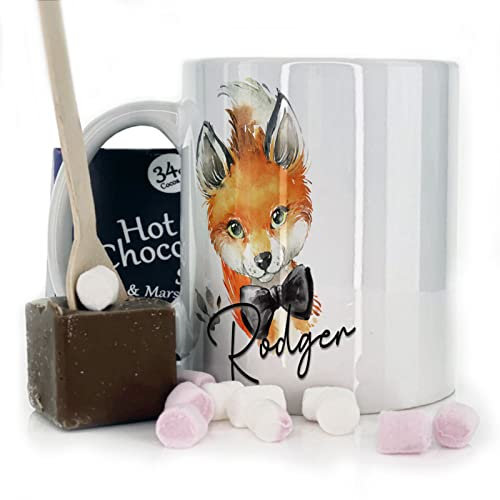 Personalised Mug and Belgian Milk Chocolate/Hot Chocolate Stirrer Marshmallow Gift Set, Customised with Name and Text, (11oz) White, Yellow, Blue, Black, Pink Mug with Red Fox Bow Tie Design