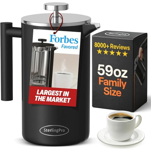 SterlingPro Stainless Steel French Press Coffee Maker 1.75 L (59 oz) Black – Double Walled Insulated Extra Large French Press, Durable Design Keeps Drinks Hot, Easy to Use and Clean for Rich Flavor