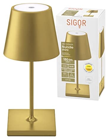 SIGOR Nuindie mini - Dimmbare kleine LED Akku-Tischlampe Indoor & Outdoor, IP54 spritzwassergeschützt, Höhe 25 cm, aufladbar mit Easy Connect, 12 h Leuchtdauer, goldfarben