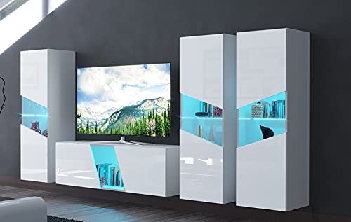 Furnitech Wohnwand Wohnzimmer | Wohnzimmer Möbel mit LED Weiß | Hängend Wohnwand Modern | Wohnzimmer Schrankwand mit Regale und TV Schrank (S40)