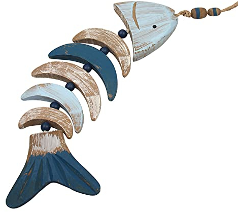 Suerhatcon Holz Fisch Dekor mit Perlen für Maritime Deko Wandbehang Holzfisch Ornament - 62 x 12,5 cm
