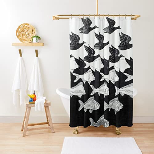 Sky And Water Shower Curtain Day Night Optical Illusions Fish And Birds Black And White Bathroom Decorative Wet And Dry Separation