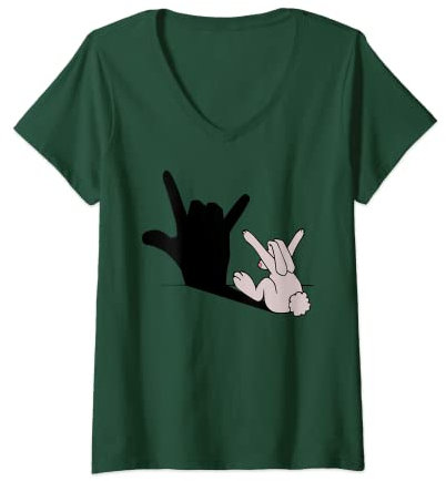 Damen Lustiger Osterhase Heavy Metal Pommesgabel Hasenohren Ostern T-Shirt mit V-Ausschnitt